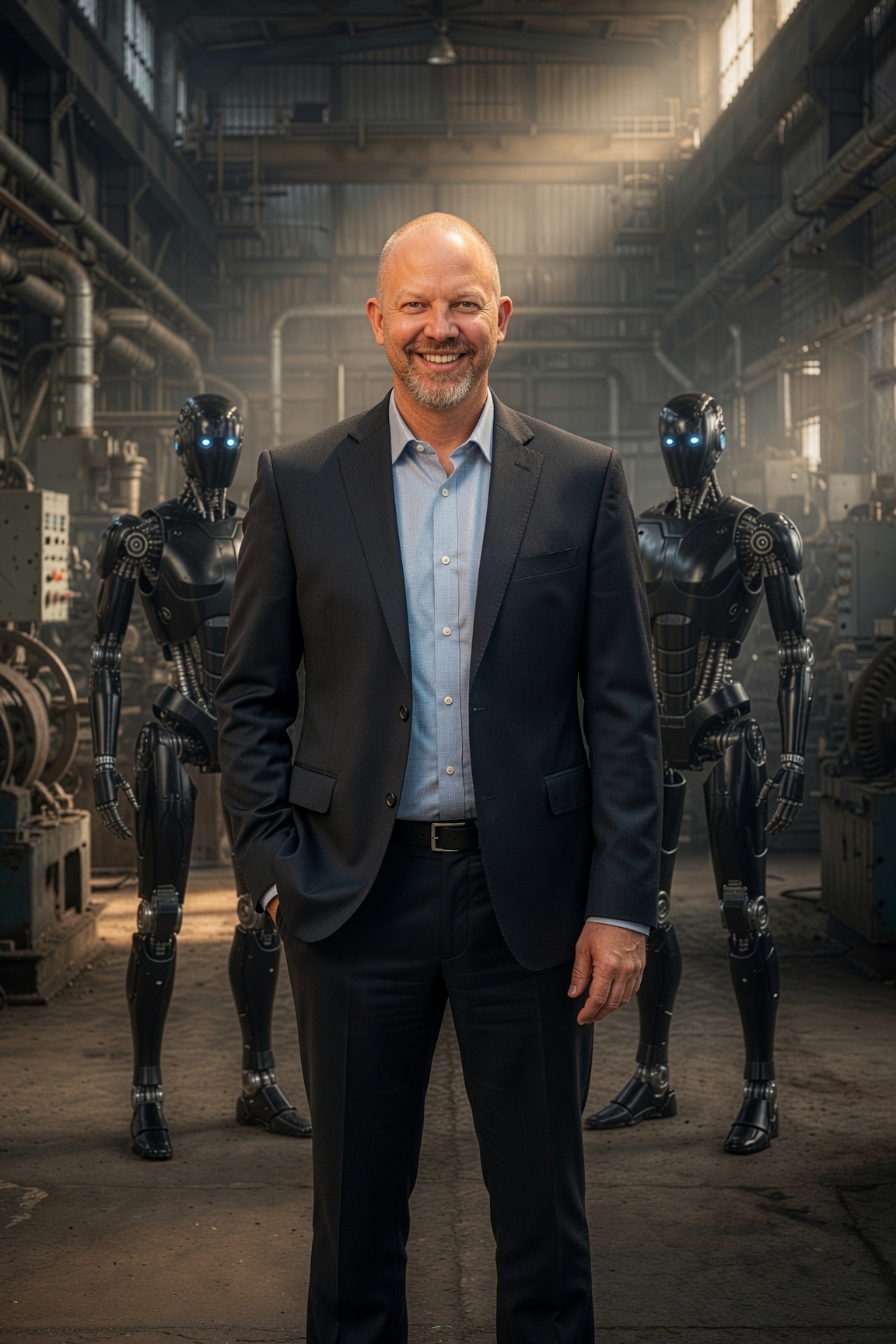 Brad Zapalac standing with two AI humanoid robots in a concrete architectural interior