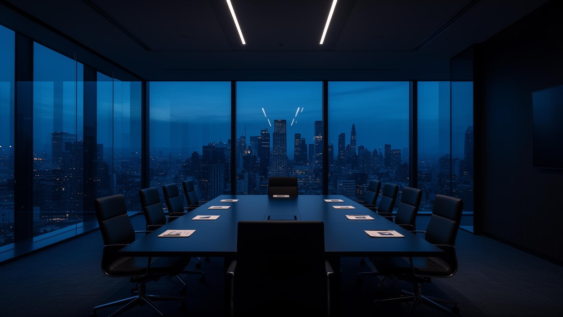 Modern private equity boardroom at blue hour with long conference table
